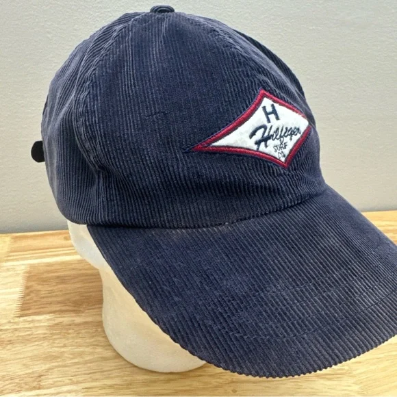 Vintage Tommy Hilfiger Surf Blue Corduroy Hat Embroidered Logo Leather Strapback - Picture 3 of 16
